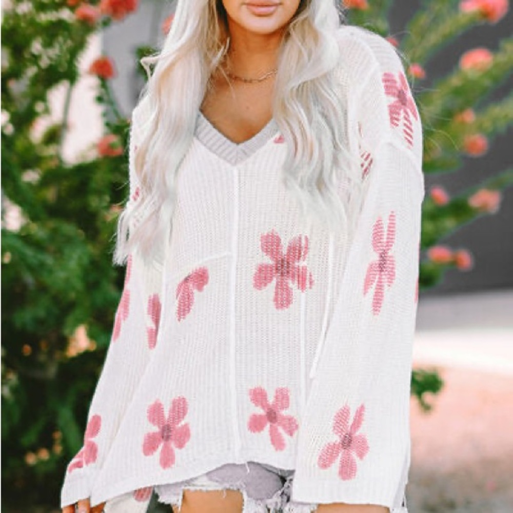 POL  Daisy Flower Print V Neck‎ Lightweight Hoodie Sweater Very Oversized - Picture 12 of 12